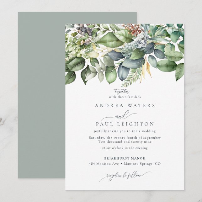 Invitación Agua Eucalyptus Greeneration | Boda botánico (Anverso / Reverso)