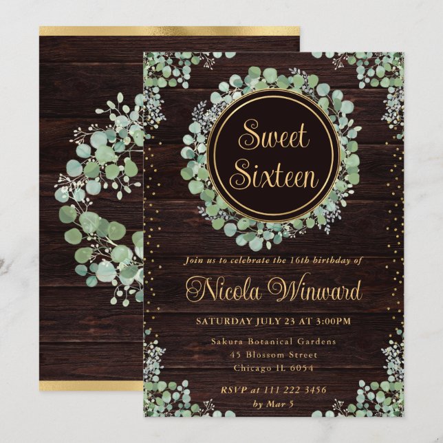 Invitación Agua Eucalyptus Greenery Wreath Sweet 16 (Anverso / Reverso)