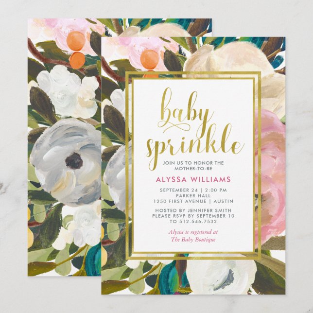 Invitación Agua Floral Delicada | Bebé Sprinkle (Anverso / Reverso)