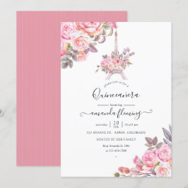 Invitación Agua Floral Rosa Acuarela París Quinceañera