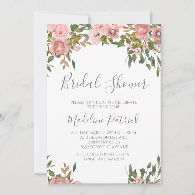Invitación Agua Floral rosa ducha de novia (Anverso)