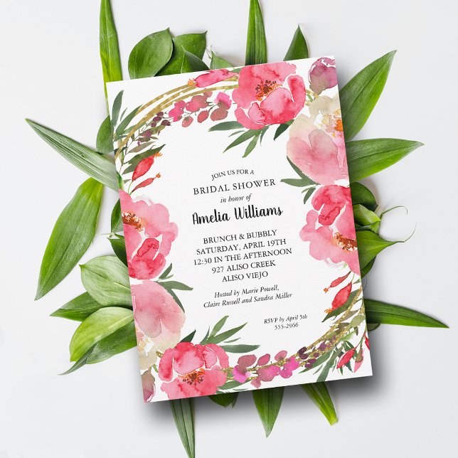 Invitación Agua Floral rosa ducha de novia (Watercolor Pink Floral Bridal Shower Invitations - INSTANT DOWNLOAD and/or PRINTED)