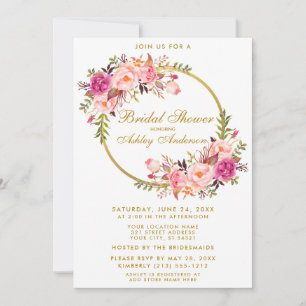 Invitación Agua Floral rosa Wreath Gold Ducha de novias