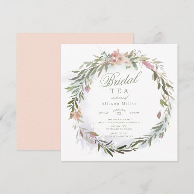 Invitación Agua Floral Verdor Wreath Té de novia (Anverso / Reverso)