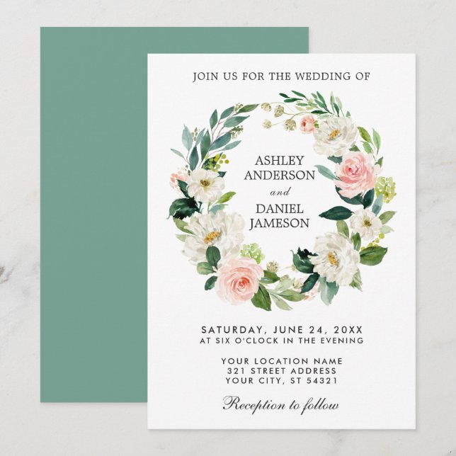 Invitación Agua Floral Wreath Boda blanco rosado GR (Anverso / Reverso)