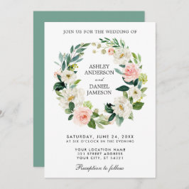 Invitación Agua Floral Wreath Boda blanco rosado GR