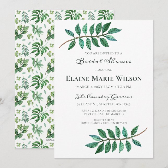 Invitación Agua Foliage Greenery Bridal Shower (Anverso / Reverso)