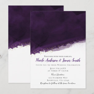 Invitación Agua Fuerte Morado Ciruela y Moderno Chic Dorado B
