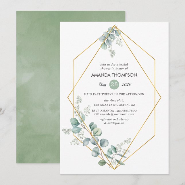 Invitación Agua Geométrica Eucalipto Ducha de Novias (Anverso / Reverso)