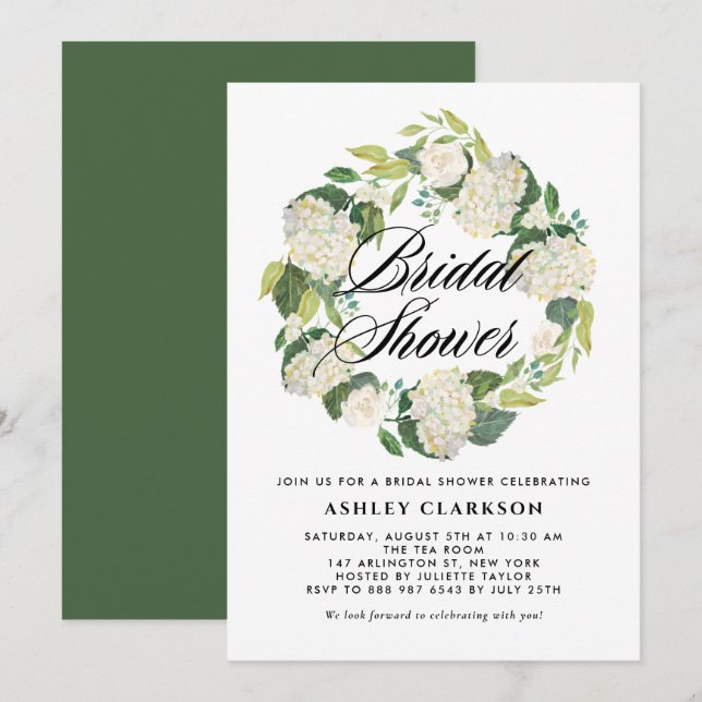 Invitación Agua Hidrangea Blanca Wreath Brillante Ducha (Anverso / Reverso)