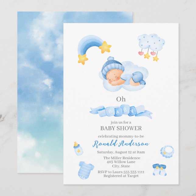 Invitación Agua moderna de Boho Nursery Blue es niño bebé (Anverso / Reverso)