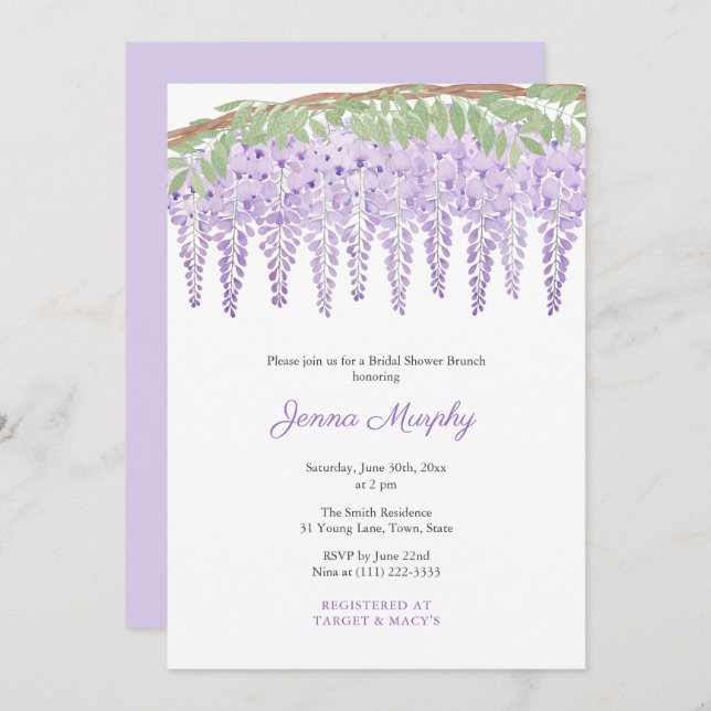 Invitación Agua Morada Wisteria Bridal Shower Fiesta (Anverso / Reverso)