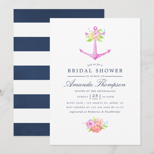 Invitación Agua Náutica Temática Floral Bridal Ducha (Anverso / Reverso)