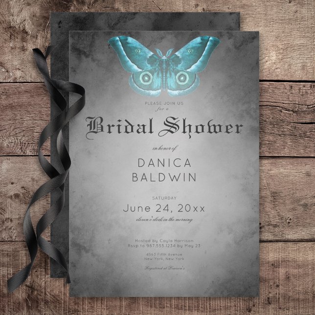 Invitación Agua negra gótica Verde azulada Moth Bridal Shower (Gothic Black Watercolor Teal Moth Bridal Shower Invitation)