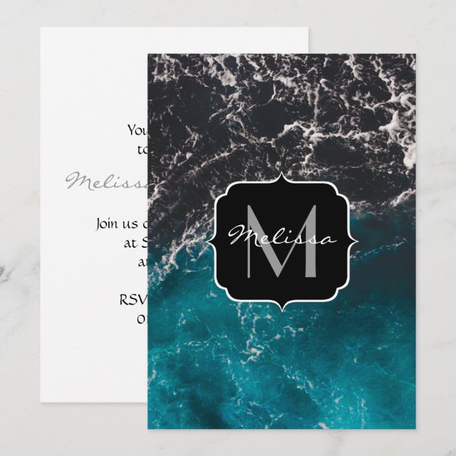 Invitación Agua oscura oscura azul y ondulada Monograma (Anverso / Reverso)