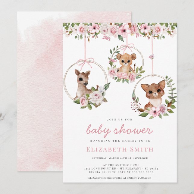 Invitación Agua para animales de Woodland Baby Shower Floral  (Anverso / Reverso)