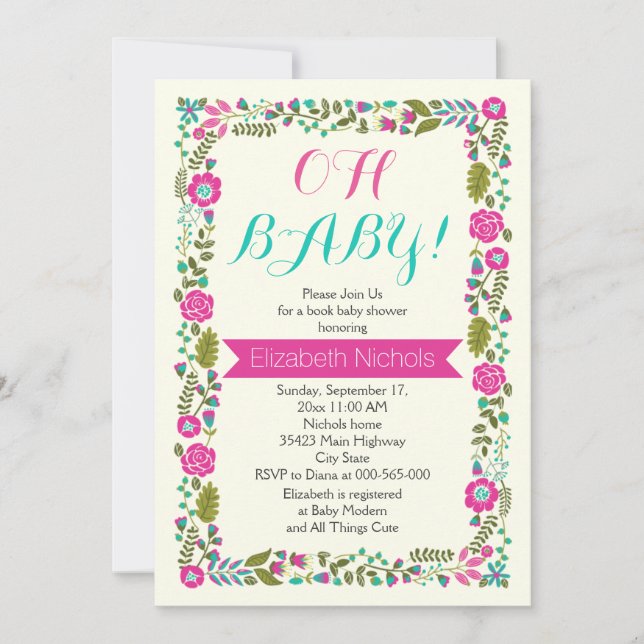 Invitación Agua para la ducha de bebé y borde floral rosa (Anverso)