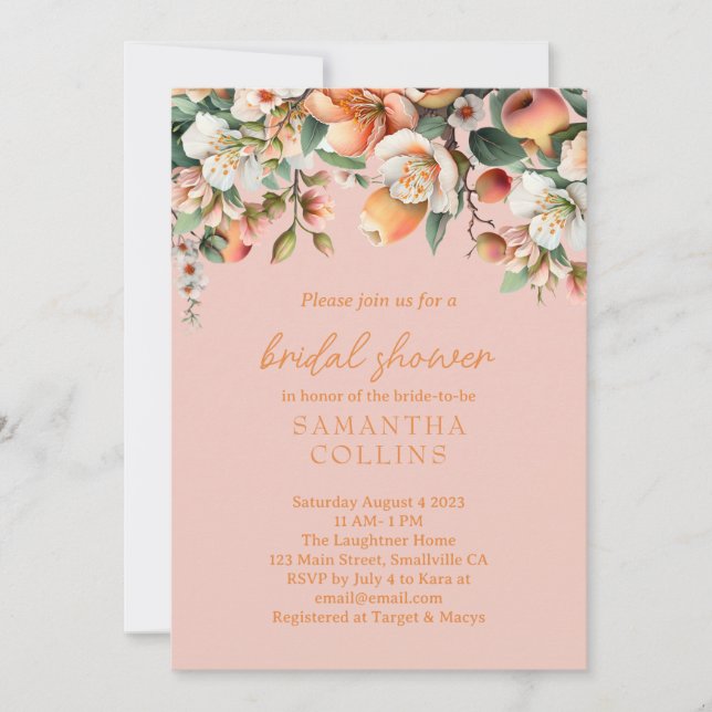 Invitación Agua Peach Peach Pink Floral Brillante (Anverso)