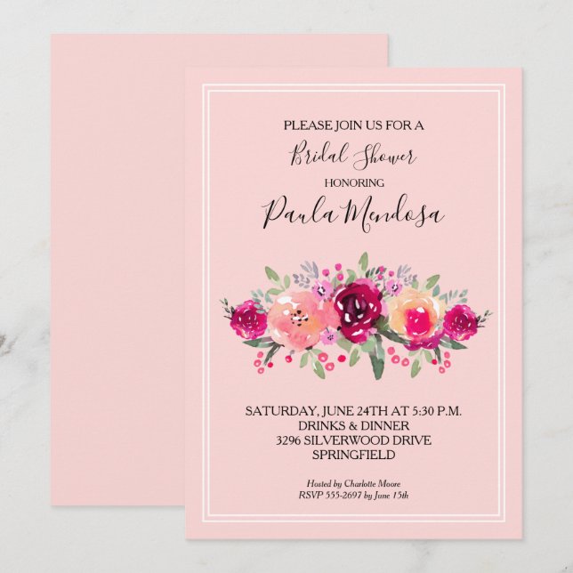 Invitación Agua rosa caliente Floral Ducha de novia (Anverso / Reverso)