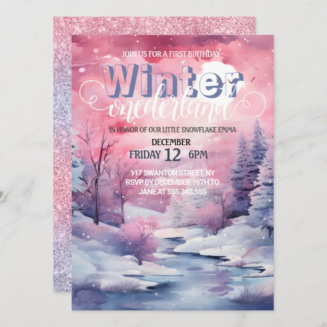 Invitación Agua rosa de invierno con Purpurina de Wonderland (Anverso / Reverso)