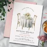 Invitación Agua rosa Rubor | Brunch Cute Girly Birthday<br><div class="desc">Las animaciones para una fiesta de cumpleaños incluyen un ilustracion acuático con una mesa y sillas elegantes. El texto del evento es editable y puede cambiarse a "almuerzo de cumpleaños" u otra ocasión. El reverso es un fondo acuático abstracto en tonos rosas.</div>