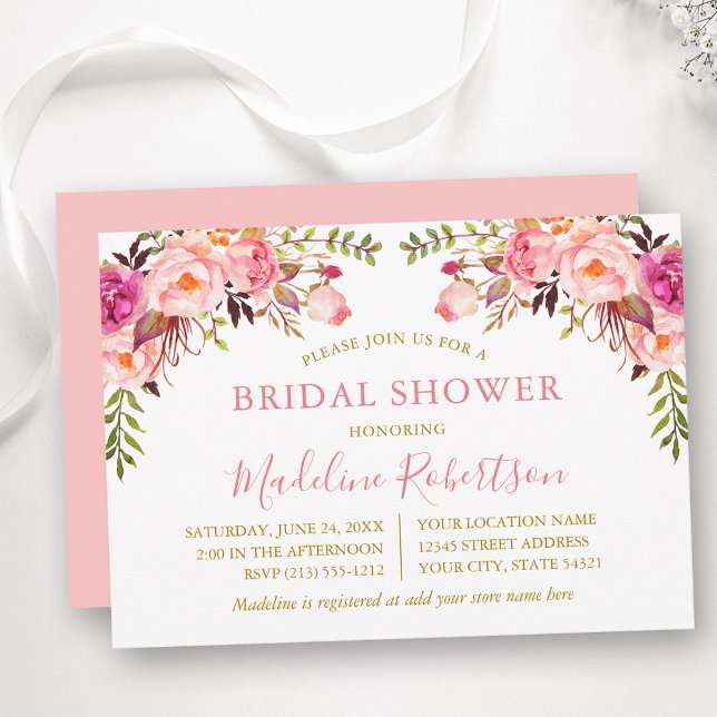 Invitación Agua rosa Rubor Floral Brillante Dorada (Customize to change text color, text style or color of back of card.)