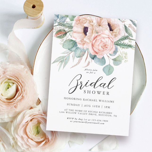 Invitación Agua rosa y beige Floral Bridal (Available in both printed and digital download formats.)