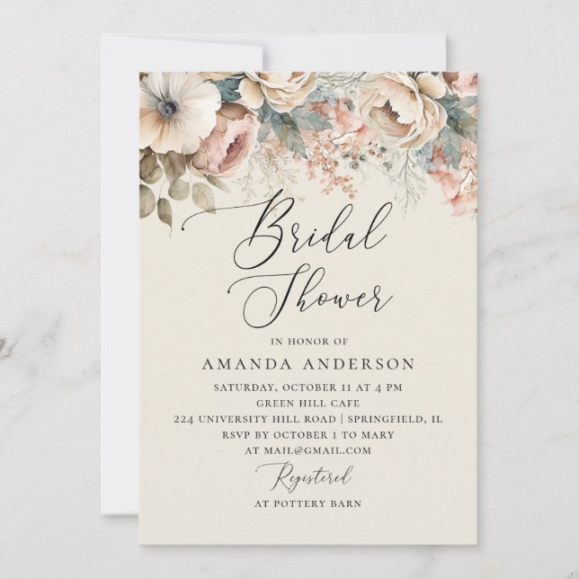 Invitación Agua suave boho floral boda ducha de novia (Anverso)