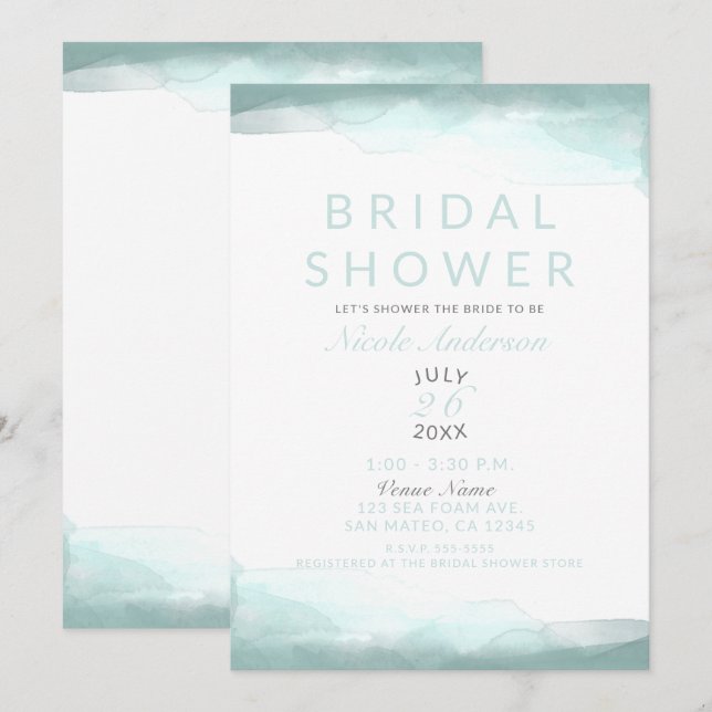 Invitación Agua verde de espuma marina moderna ducha de novia (Anverso / Reverso)