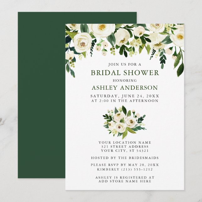 Invitación Agua Verde Floral Elegante Ducha Bridal (Anverso / Reverso)
