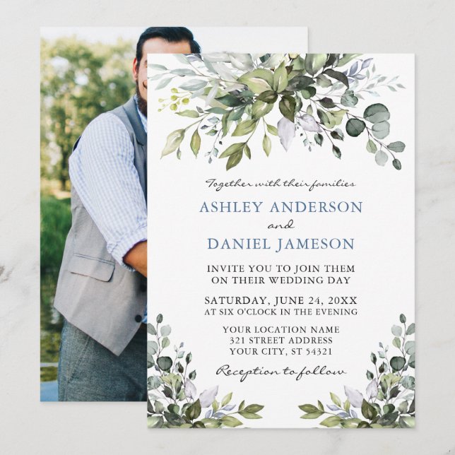 Invitación Agua verde foto Boda azul turbio (Anverso / Reverso)