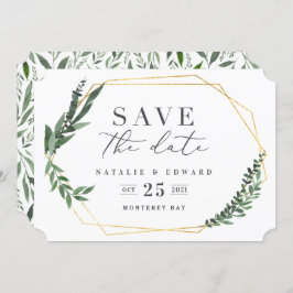 Invitación agua verde geométrica dorada acuarela