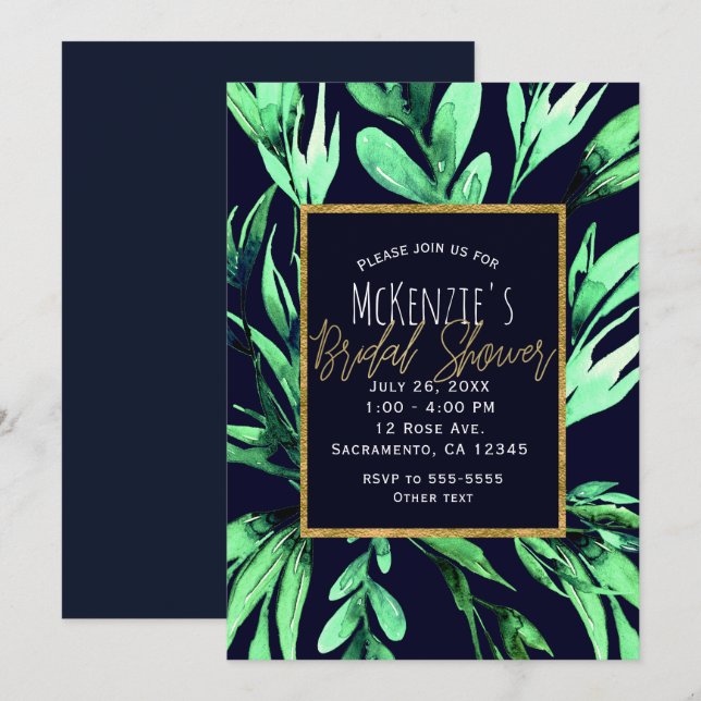 Invitación Agua verde y azul Ducha Botánica Bridal (Anverso / Reverso)