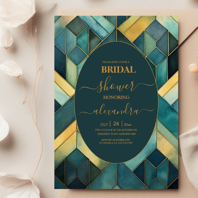 Invitación Agua verde y dorada Art Decó Ducha de Novias (Subido por el creador)