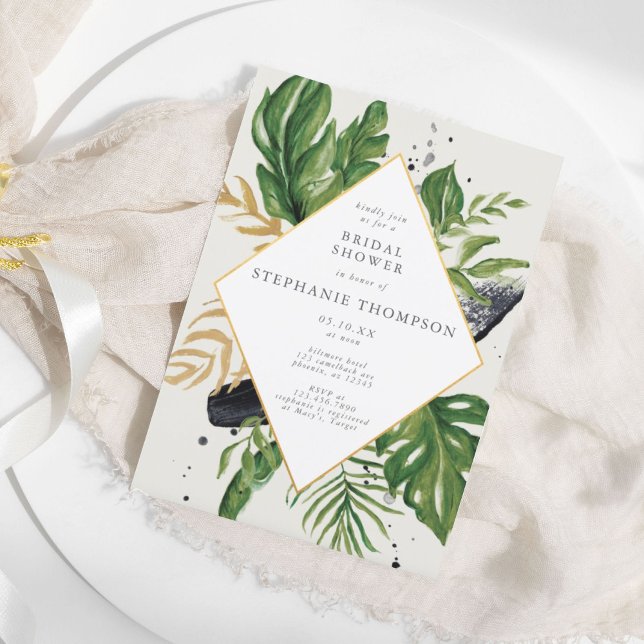 Invitación Agua verde y dorada Tropical Ducha de novia (Green & Gold Watercolor Tropical Bridal Shower Invitation)