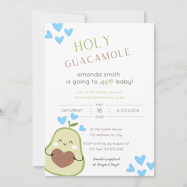 Invitación Aguacate Baby Shower, Baby Boy (Anverso)
