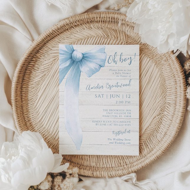 Invitación Aguada azul Oh chico! Shower de bebé (Watercolor Blue Bow Oh Boy! Baby Shower Invitation
)