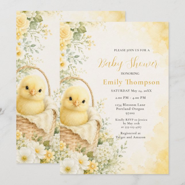Invitación Aguada de Acuarela de Pollito de Bebé Amarillo (Anverso / Reverso)