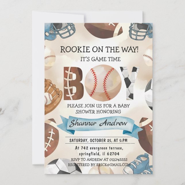 Invitación Aguada de bebé de deportes simples personalizados  (Anverso)