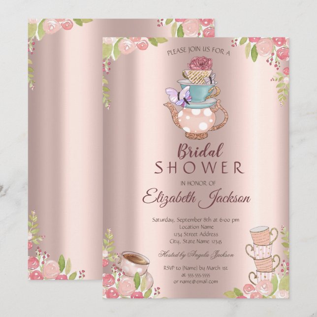 Invitación Aguada de flores tetera rosa oro regadera nupcial  (Anverso / Reverso)