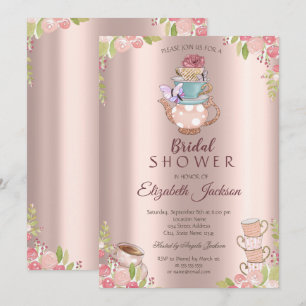 Invitación Aguada de flores tetera rosa oro regadera nupcial 