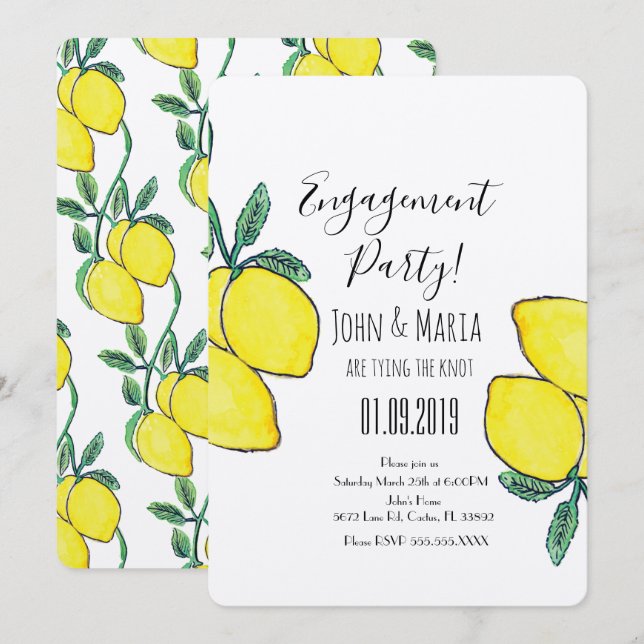 Invitación Aguada de limón con enredadera verde para compromi (Anverso / Reverso)