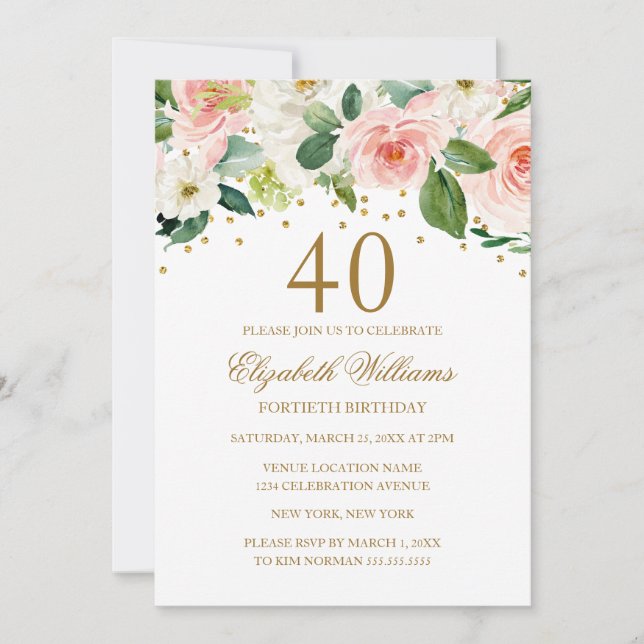 Invitación Aguada Floral de Oro Rosa Cumpleaños 40 (Anverso)