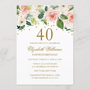 Invitación Aguada Floral de Oro Rosa Cumpleaños 40