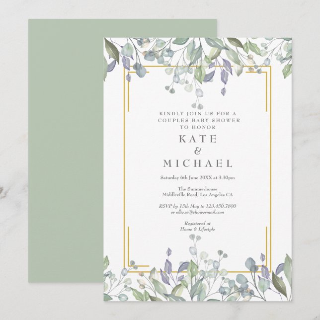 Invitación Aguada floral parejas baby shower/aspersión (Anverso / Reverso)
