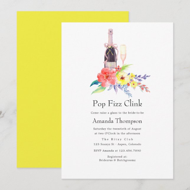 Invitación Aguada floral pop fizz clink despedida de soltera (Anverso / Reverso)