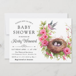 Invitación Aguada floral primavera nido de pájaro baby shower