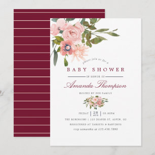 Invitación Aguada floral Rosa y Burdeos Baby Shower