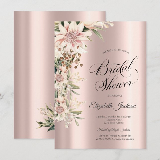 Invitación Aguada Flores Boho Rosa Dorado Despedida de Solter (Anverso / Reverso)