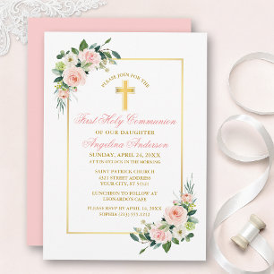 Invitación Aguada Rosa Floral Blanco Comunión Dorada
